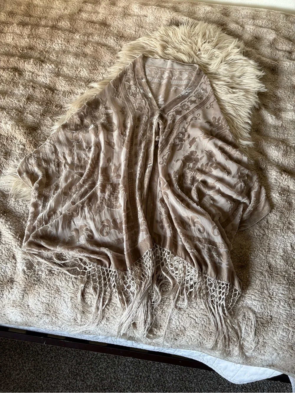 Beige Floral Fringe Shawl